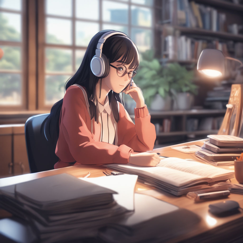 Kawaii Anime Girl Listening to Music · Creative Fabrica