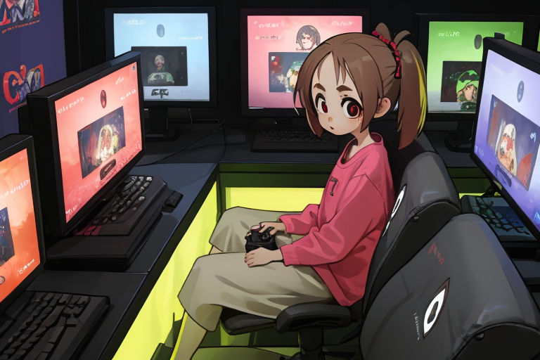 prompthunt: anime drawing of a gamer girl playing a game on her computer,  portrait shot of her face lit up by the monitor, dark atmosphere