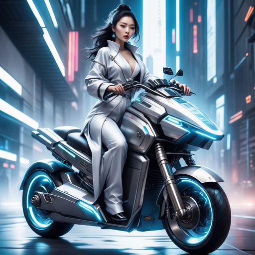 Beautiful Female Cyberpunk Girl on Futuristic Motorbike · Creative