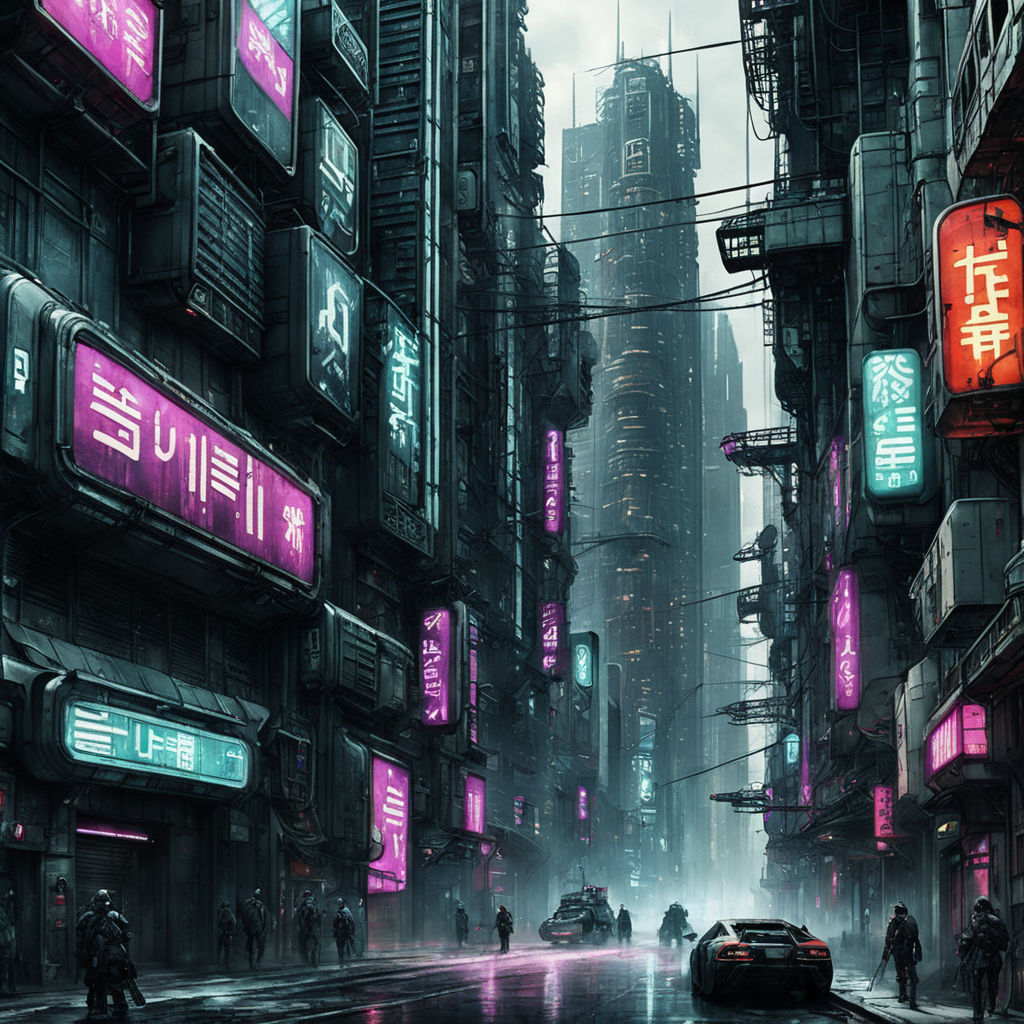 Cyberpunk streets illustration, futuristic city, dystoptic artwork