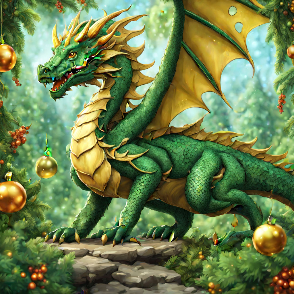 Green Dragon in the cave, the lord of dragons, has good platinum scales,  bright eyes, and is surrounded by dazzling gold and green lights.  generative ai Stock Illustration