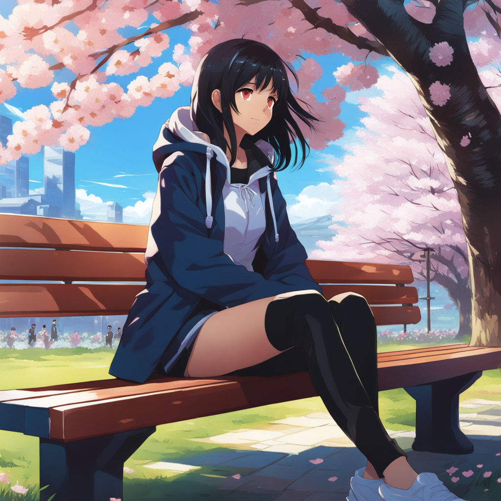 Couple of Students Sitting on a Bench, with Cherry Blossom Trees Alongside,  Lo-fi Anime Aesthetic Pink and Purple Tone Stock Illustration -  Illustration of outside, student: 304408759