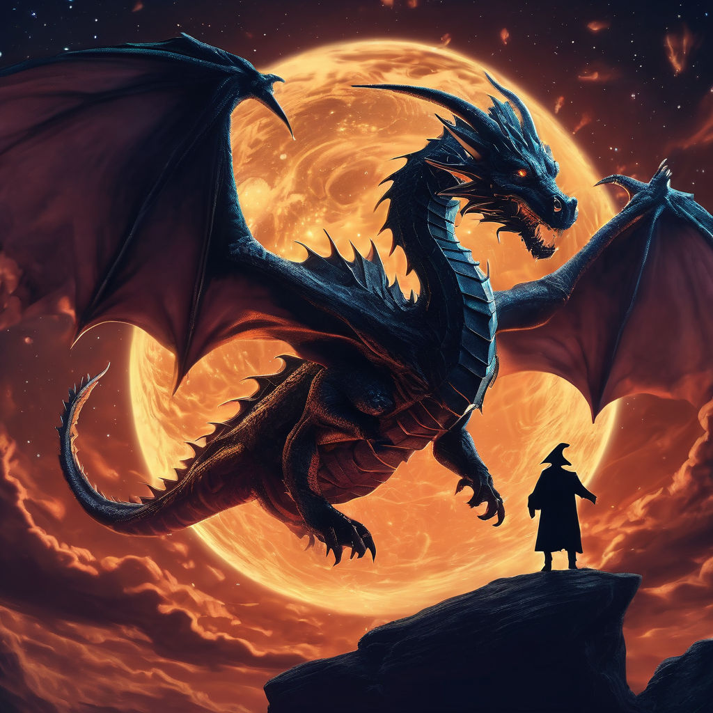 black dragon flying and breathing fire