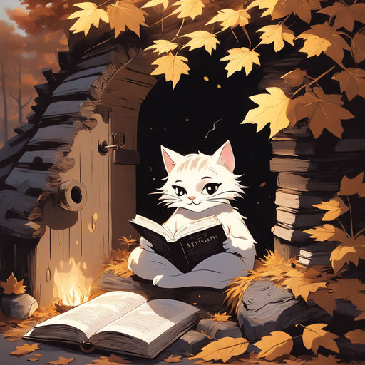 Winter and fall illustration. Beautiful and bright colors. Beautiful and  highly detailed face. Anthropomorphic cat in black with Christmas  atmosphere and lots of leaves. stack of books. Cat and dragon. Magical mood.