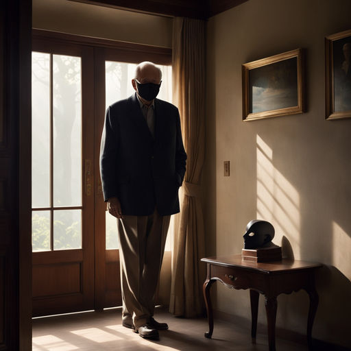 Mysterious image of a blindfolded man in a dark room stock photo