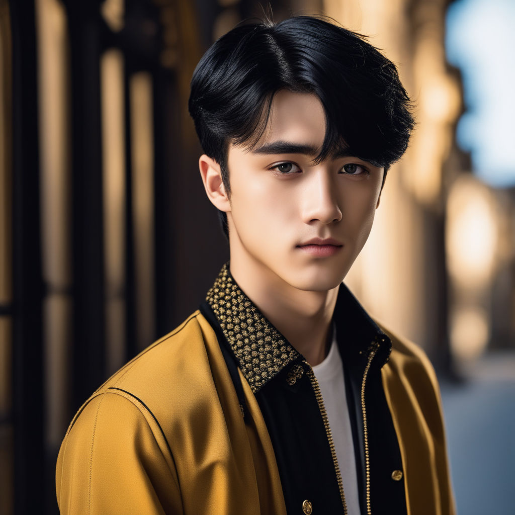 Chinese men，upperbody closeup，black hair on shoulders，（Whole-body  proportions）proportions are correct，Face details，（glowing light eyes），The  expression is grim，High ponytail hairstyle，Neck details，gold  shell，detailed，Black-purple robe ...