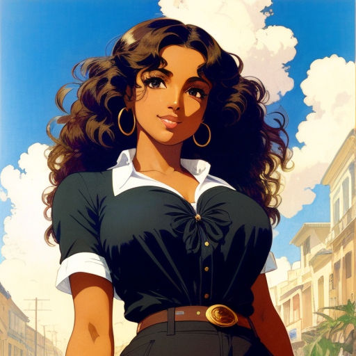 Retro 80s anime-style hispanic girl with tan skin, shoulder-length brown  curly hair, angel wings and halo