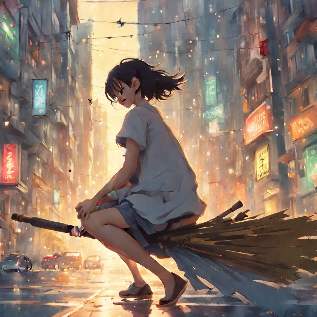 A girl flying on a broomstick through a rainy sky, anime graphic novel style