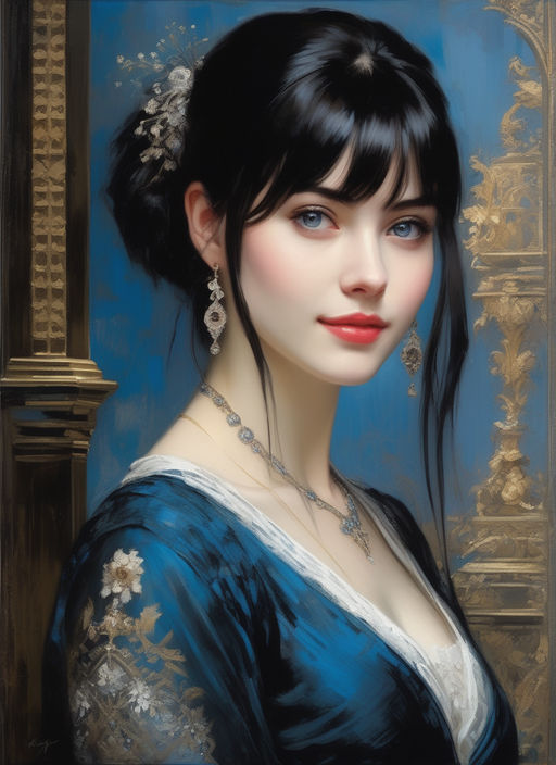 ai art,oil painting,character design,cute,blue eyes,black hair