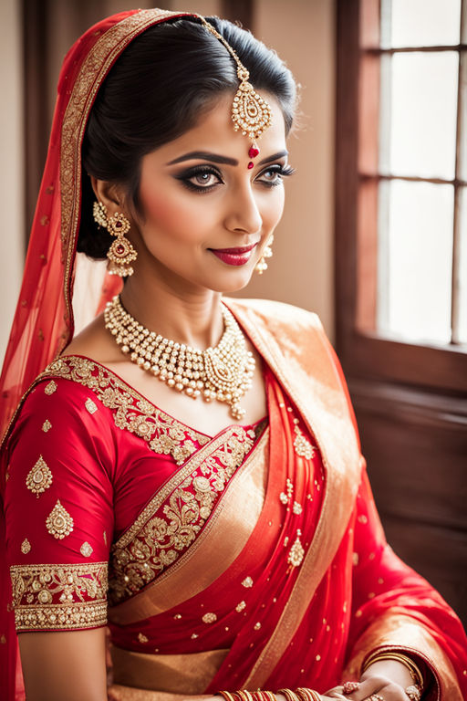 Premium Photo | A beautiful south indian bride wearing red saree generative  AI