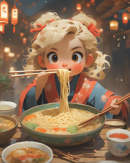 nerdy girl eating a big bowl ramen - Playground