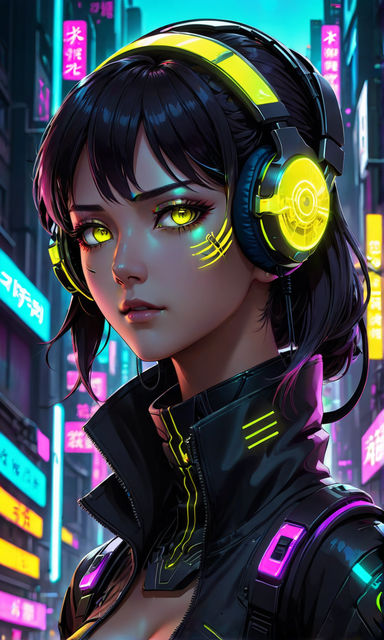 anime cyberpunk girl wearing futuristic outfit in a neon city at