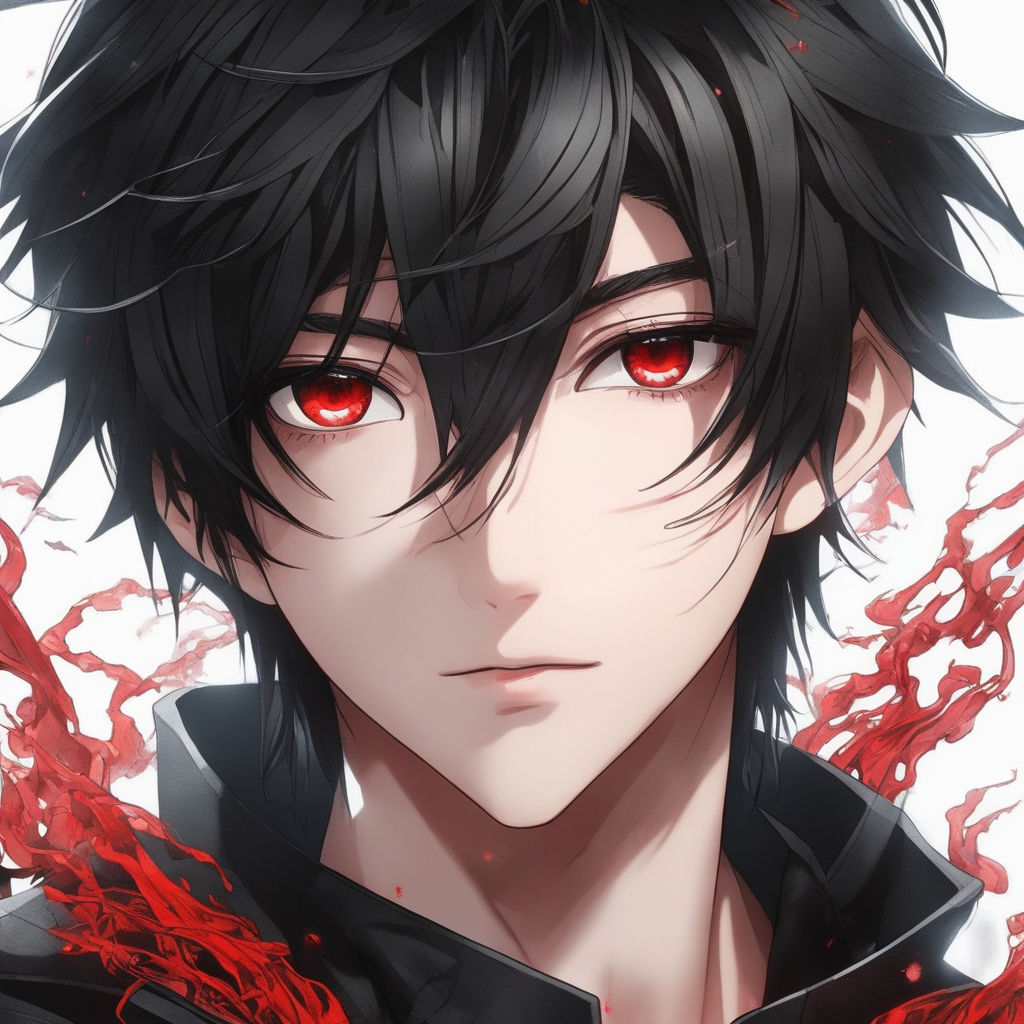 anime boy with black hair and red eyes