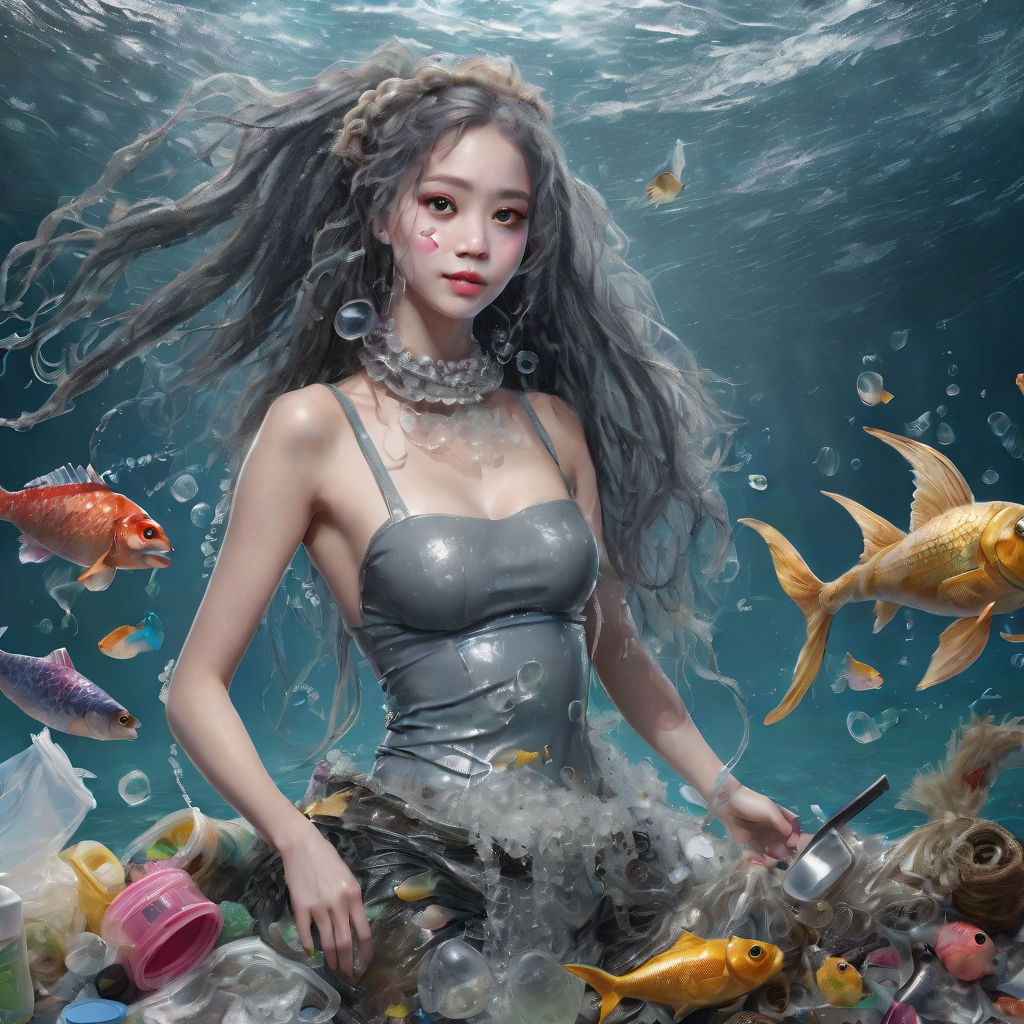 Ocean pollution, rubbish in the water. Sad fairytale mermaid in