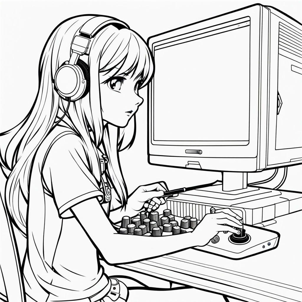 prompthunt: anime drawing of a gamer girl playing a game on her computer,  portrait shot of her face lit up by the monitor, dark atmosphere