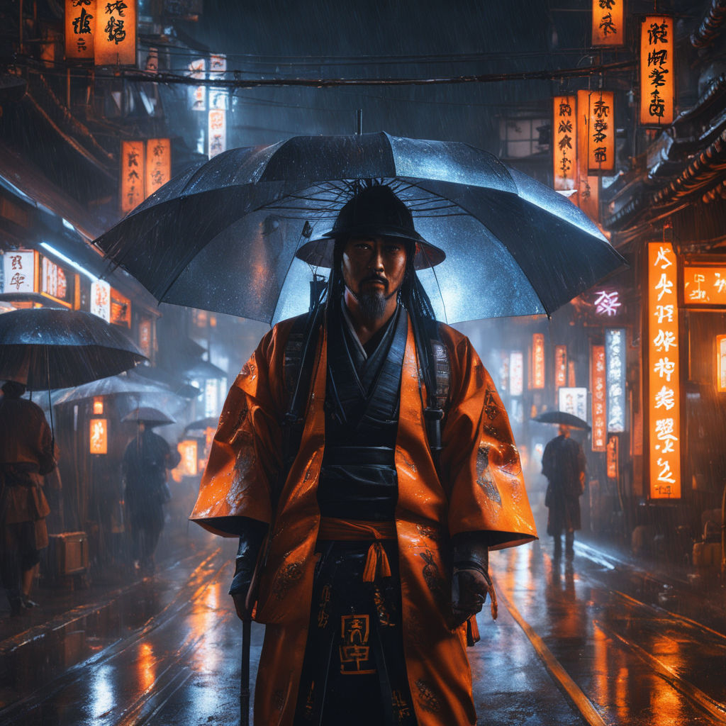 Samurai overlooking a neon-lit cyberpunk city