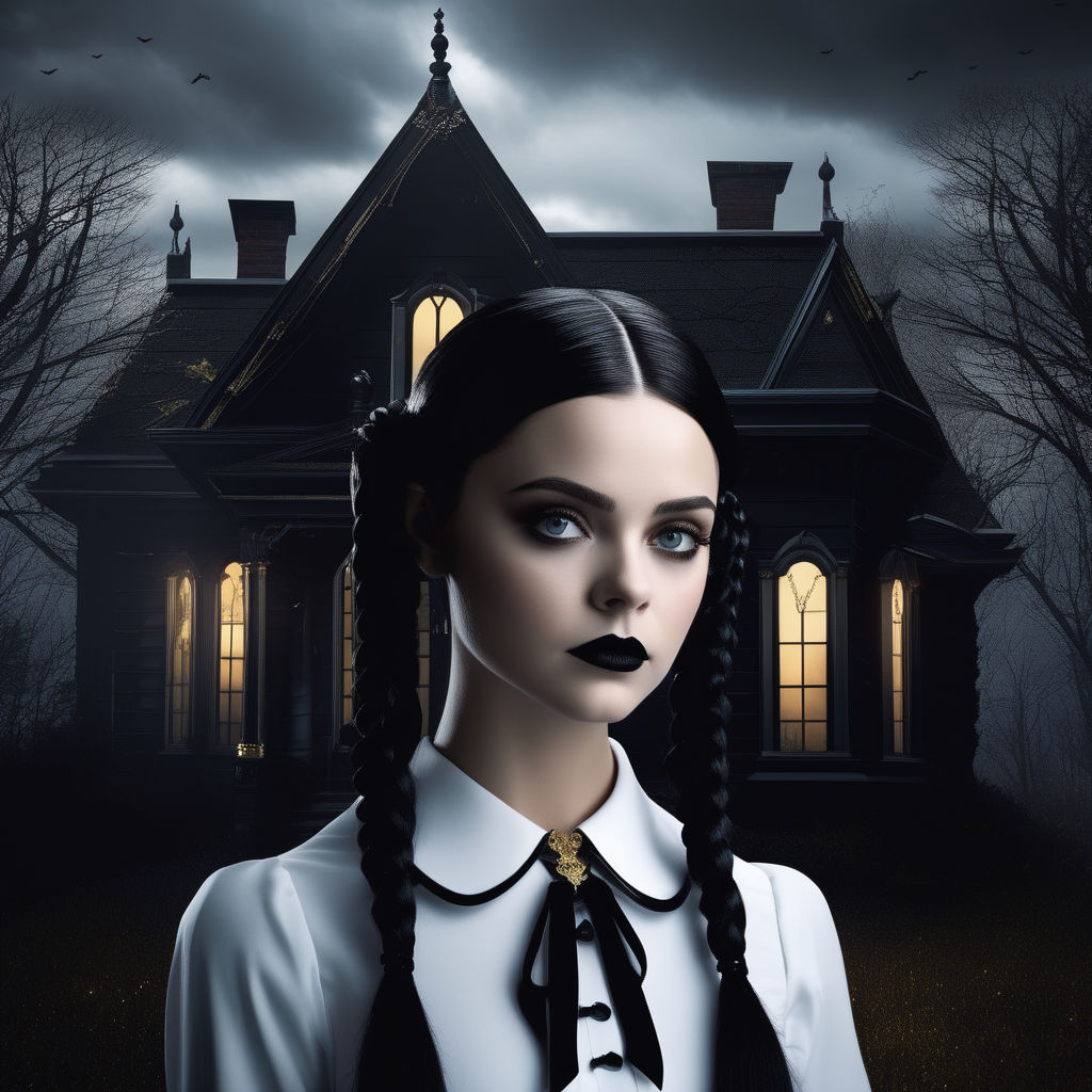 full body image of Wednesday Addams in a haunted house - Playground