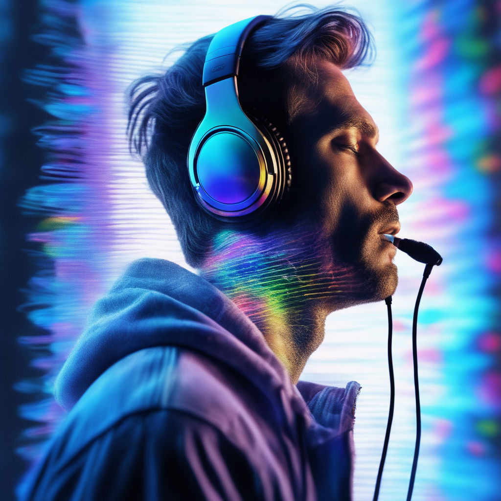Cool boy with headphones listening music, colorful paints smudges