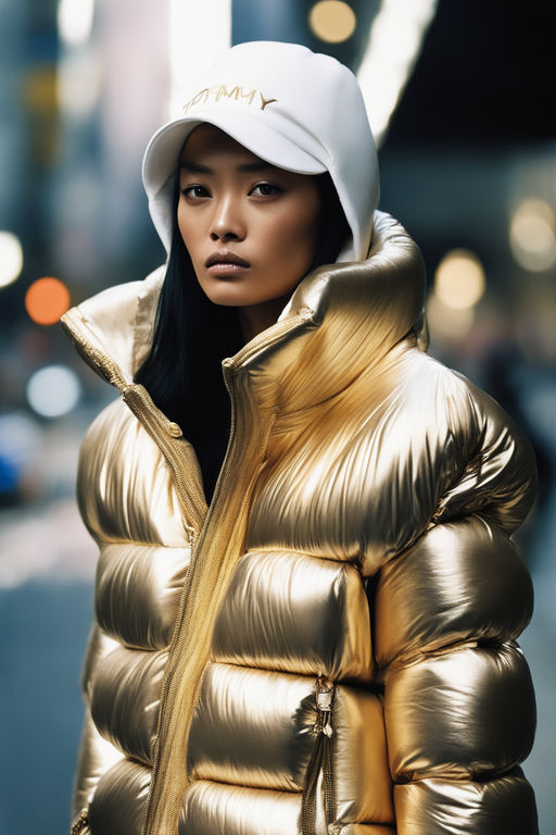 large format film photo of a european model wearing a Louis Vuitton branded  puffer jacket - Playground