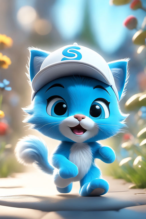 smurf cat, blue cat, cute cartoon blue kitten in a cap