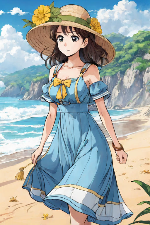 Cute Playful Anime Girl With Straw Hat On Beach | Tapestry