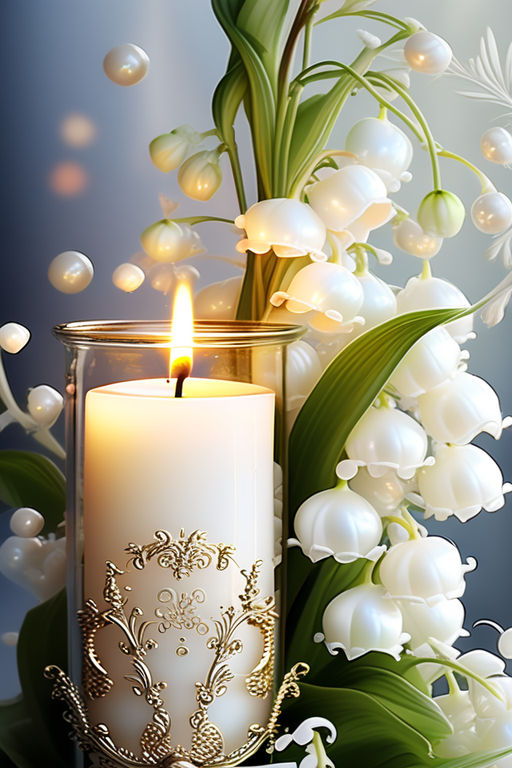 Prompt: fantasy watercolor, white background,  Victorian Vintage elegant luxurious candle, pearls, lily of the valley,  gentle tones, happiness, gouache wash, cinematic, calligraphic lines, dynamic light. , perfect composition, beautiful detailed intricate insanely detailed octane render trending on artstation, 8 k artistic photography, photorealistic concept art, soft natural volumetric cinematic perfect light, chiaroscuro, award - winning photograph, masterpiece, oil on canvas, raphael, caravaggio, greg rutkowski, beeple, beksinski, giger