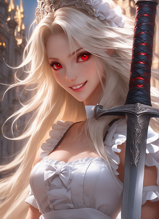 evil anime girl with blonde hair and red eyes