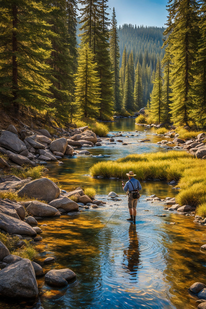 A DSLR photo of a woman fly fishing in a serene mountain stream