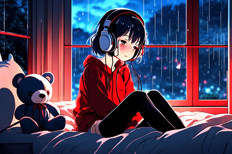 Kawaii Anime Girl Listening to Music · Creative Fabrica