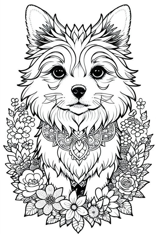 coloring page mandala realistic pomeranian dog\