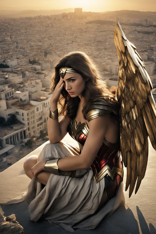 Prompt: Fallen Wonder Woman angel, 21 years old, desperate eyes, sad, crying, tears, hiding behind her giant wings, cute, golden wings, large wings, halo over the head, in the ground with destoyed city around, Athens destroyed in background, sunrise, masterpiece, low saturation, Albrecht Durer hands, (prompt created by Kico Toralles, adapted from Toni C. prompt), perfect composition, beautiful detailed intricate insanely detailed octane render trending on artstation, 8 k artistic photography, photorealistic concept art, soft natural volumetric cinematic perfect light, chiaroscuro, award - winning photograph, masterpiece, oil on canvas, raphael, caravaggio, greg rutkowski, beeple, beksinski, giger