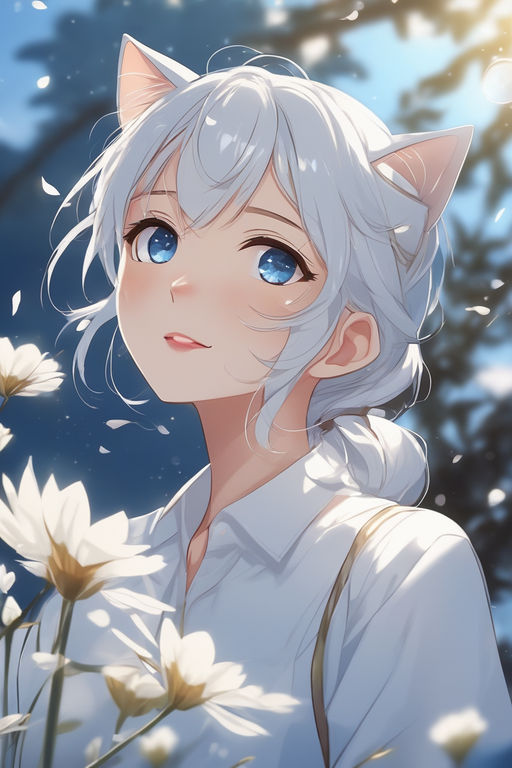 anime girl with white hair and cat ears