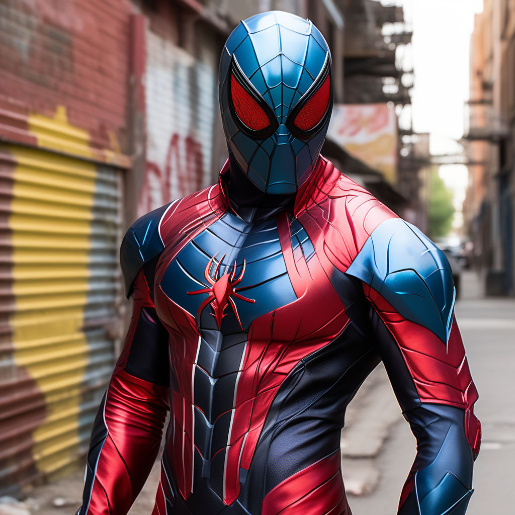 Titan's spiderman costume is a sleek, black bodysuit with web patterns  along the arms and legs. the design is heavily textured and incorporates  armor-like elements, providing protection from attacks. he also wears