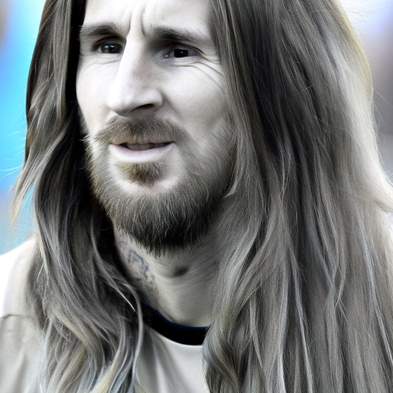 prompthunt Closeup portrait of Lionel Messi long silver hair with a long  beard big nose wearing a barca cape katsuhiro tomo