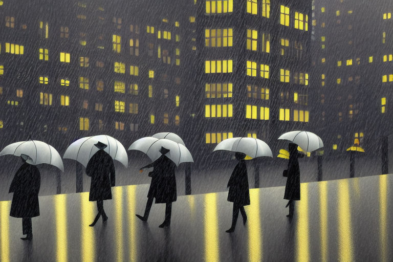 Prompt: rainy day, buildings, grey sky, people going to work, light,  cloudy, raining, city, big raindrops, , by Jacob Lawrence and Francis picabia, perfect composition, beautiful detailed intricate insanely detailed octane render trending on artstation, 8 k artistic photography, photorealistic concept art, soft natural volumetric cinematic perfect light, chiaroscuro, award - winning photograph, masterpiece, oil on canvas, raphael, caravaggio, greg rutkowski, beeple, beksinski, giger