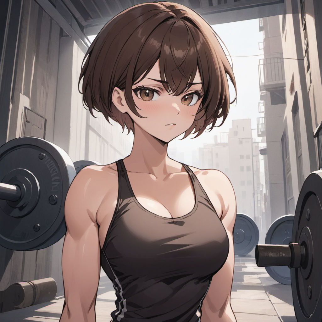 Brown hair, blue tank top and shorts, muscular anime