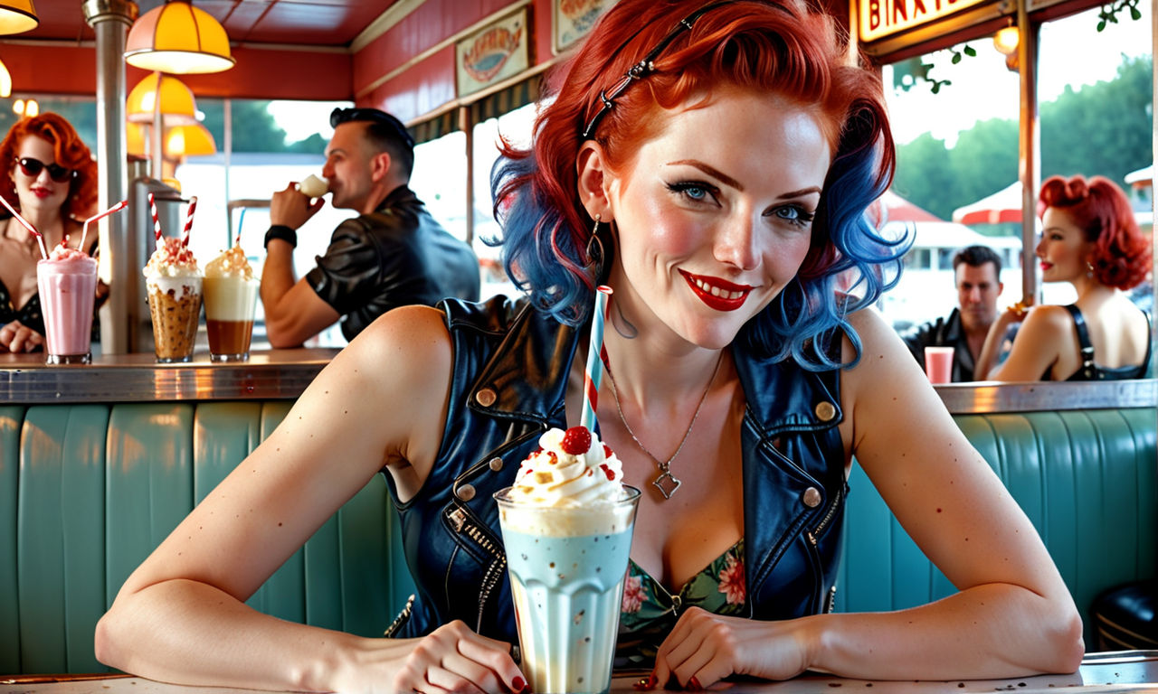 Close Up Of Rockabilly Woman Drinking Milkshake At Diner. by