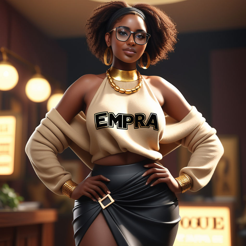 from egypt big cute African black adult woman with gold keyhole shirt with  a word EMPRA - Playground