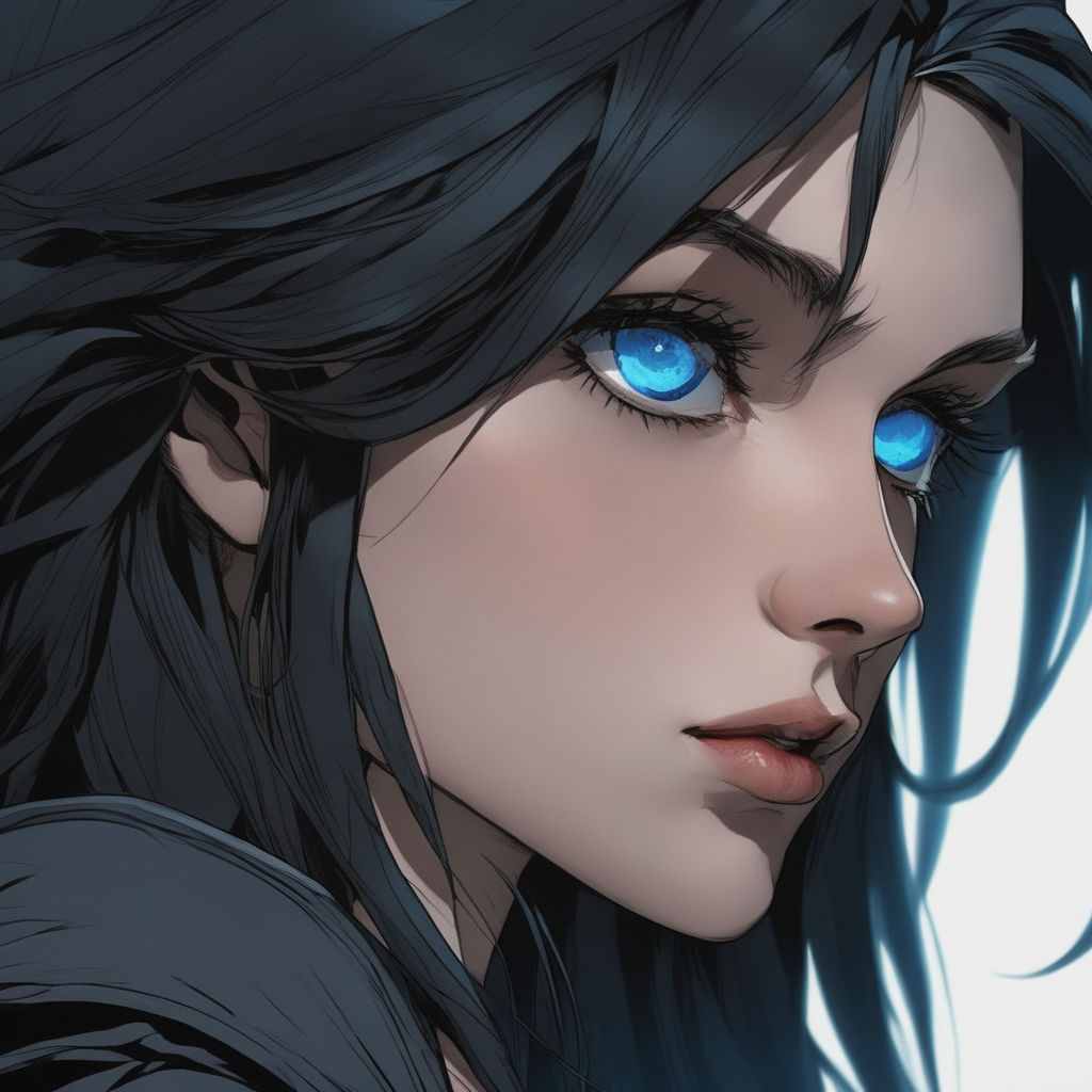 Deep dark blue haired wave anime woman with deep blue eyes