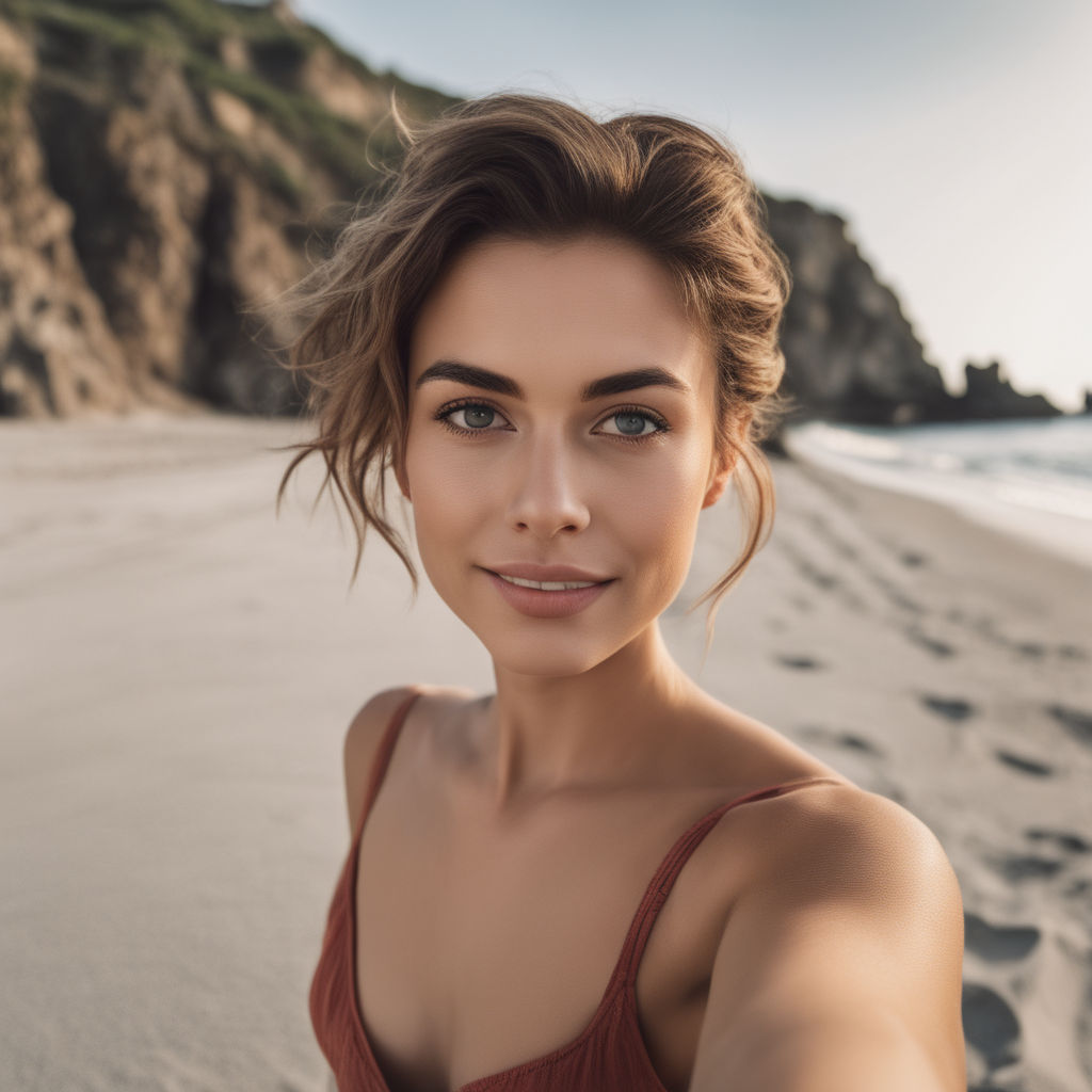 Generate a selfie Top model on a beach. She is wearing sunglasses