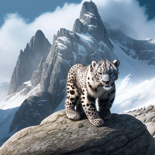 A 4K ultra HD mobile wallpaper depicting a graceful and elusive Snow Leopard,  with its thick fur and piercing blue eyes, perched on a rocky ledge against  the backdrop of a snow-capped