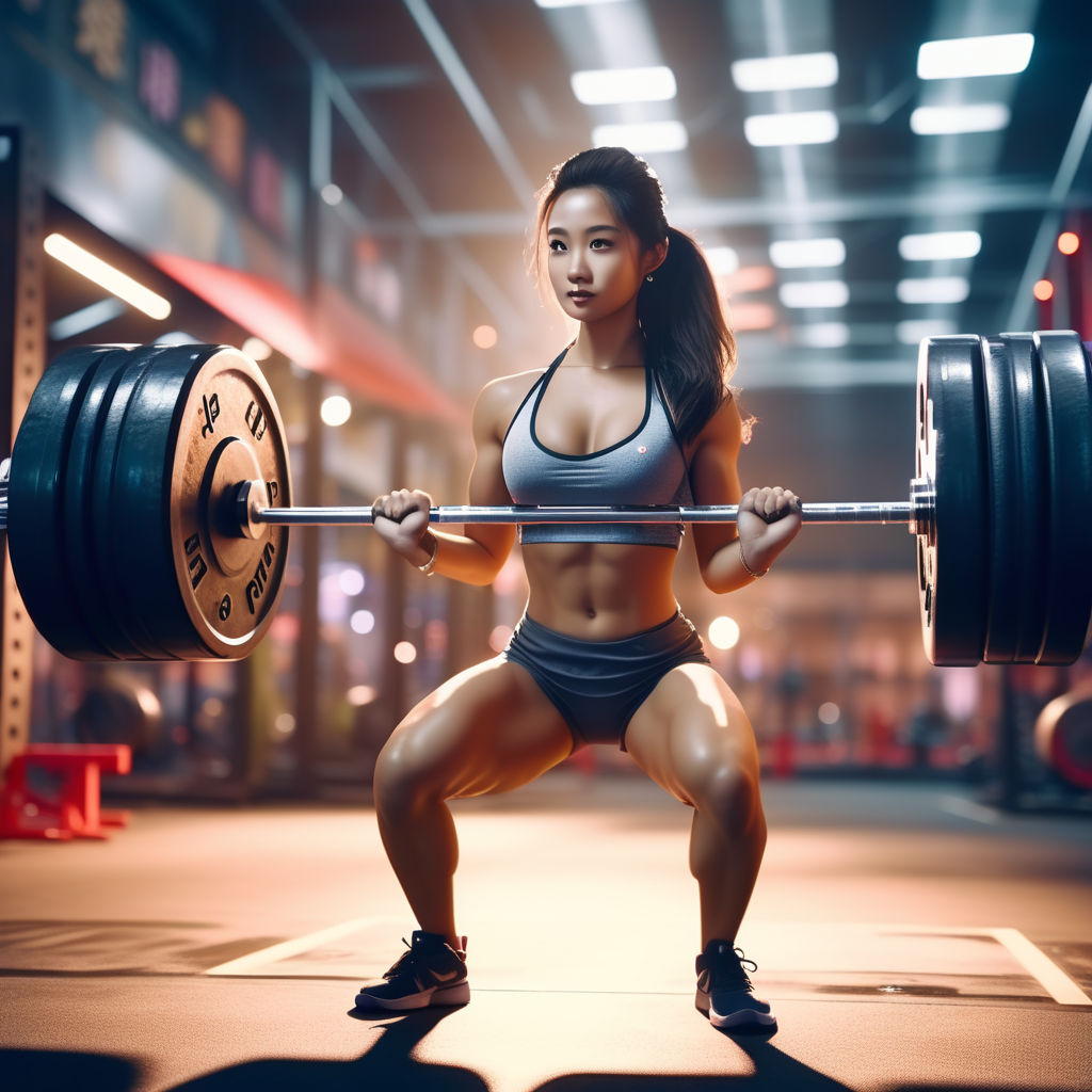 High-resolution photograph capturing a motivated female personal training  client in the midst of a vigorous weight training workout at a modern gym  - Playground