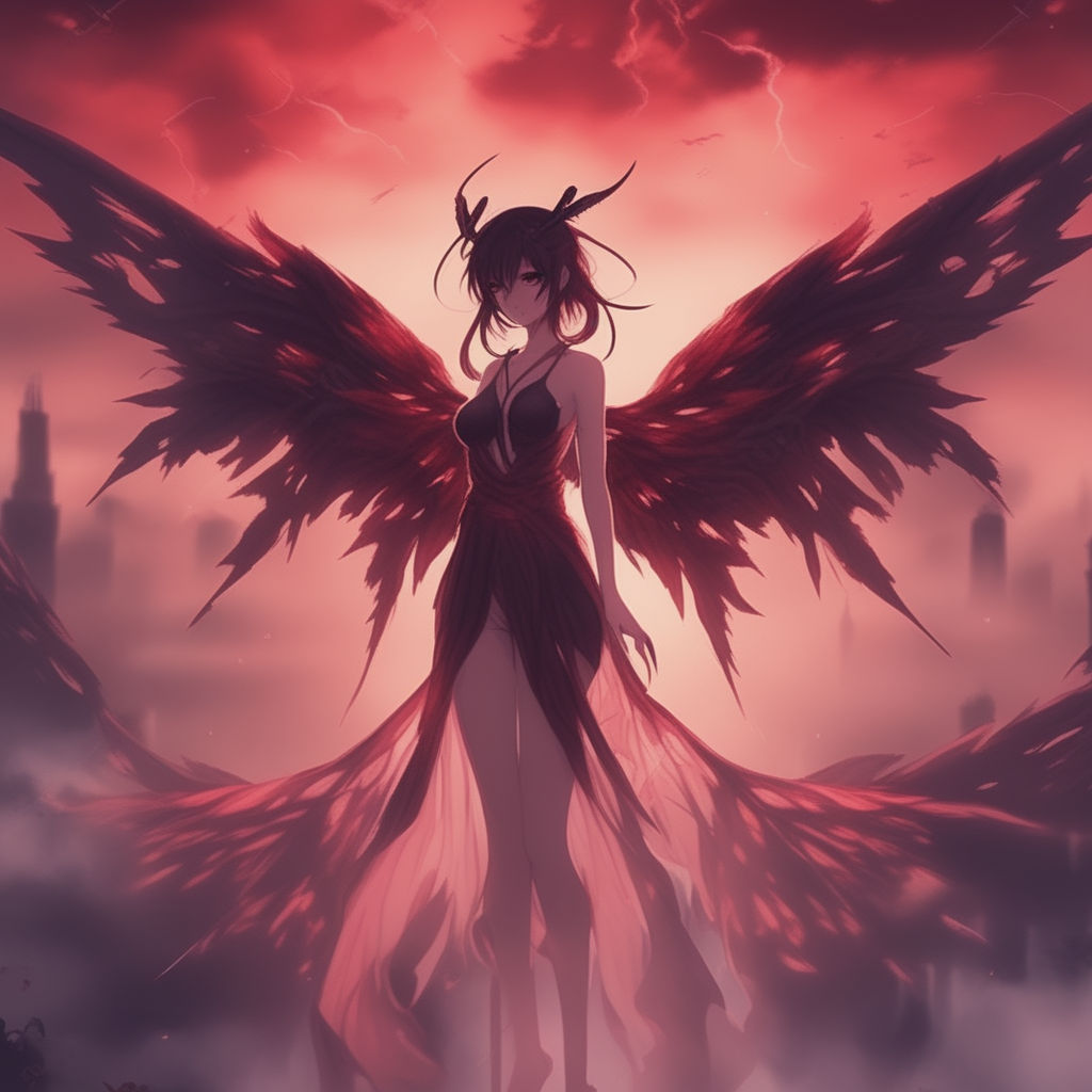 demon anime girl with black hair and red eyes and wings