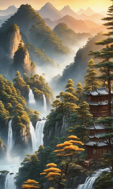 Spectacular Pine Tree and Waterfalls Chinese Painting, Chinese