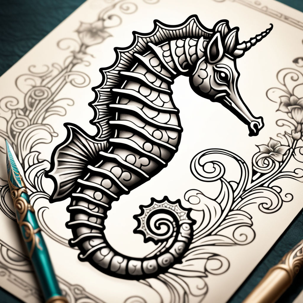 Cute Seahorse Tattoo Style In Blue and Gray