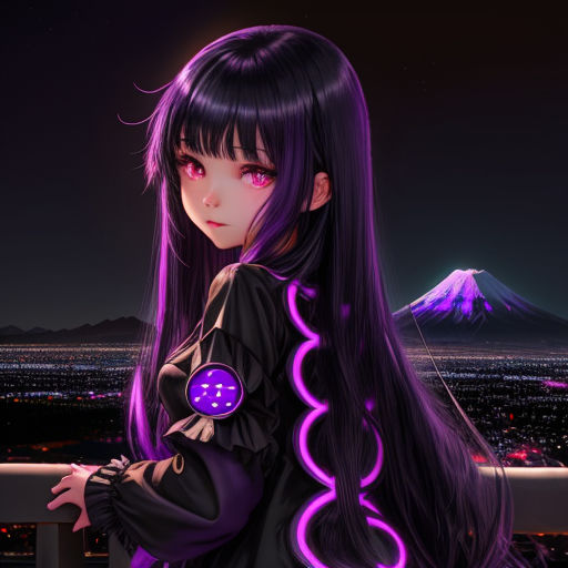 Pretty anime girl with long black hair and purple ey