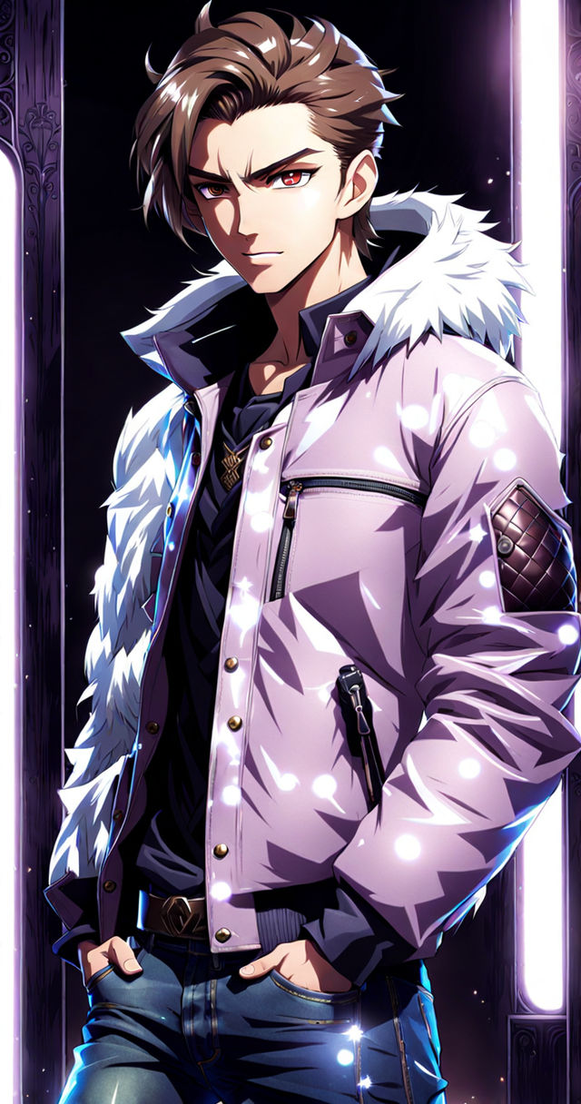 Short dark purple fluffy hair; beautiful light blue eyes; sharp teeth;  small ears; tan skin ripped body build; clothes; very handsome; incredible  face; anime style; manga style; beautiful ; detailed; delinquent; teenager;