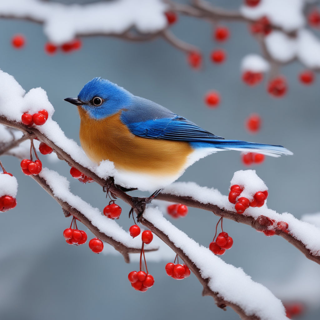 Blue jay (red edit) on snowcovered branch