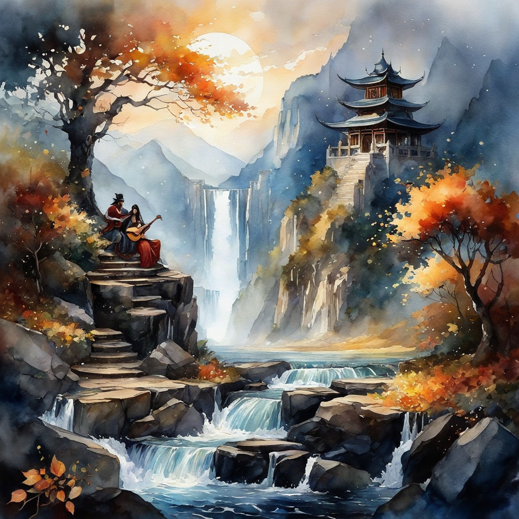 serenity and tranquility. The wide range of beautiful hues of blue that  composes the painting adds to its calming quality. japanese animation  painting - Playground