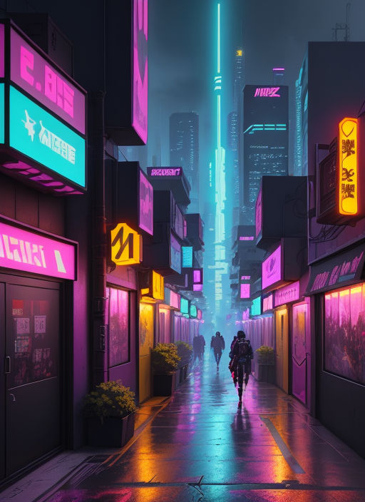 The neon-lit streets of a cyberpunk anime night city with this